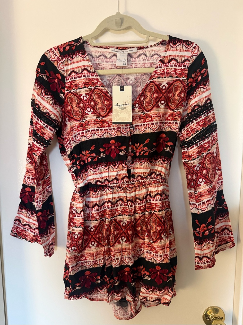NWT American Rag Cie Boho Bell Sleeve Romper XS Black Rust Print